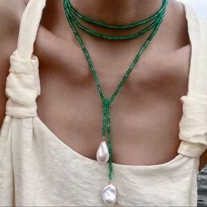 Baroque Pearl Lariat Necklace | Green Crystal Beaded Wrap Choker | NWOT